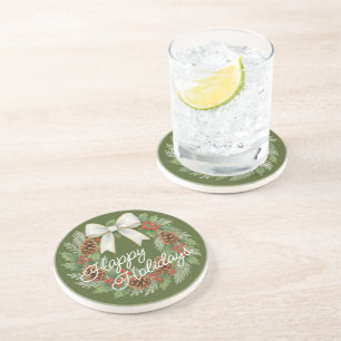 Classy December Wreath With White Bow Holiday Coaster