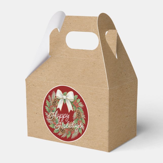Classy December Wreath With White Bow Holiday Favour Box (Front Side)