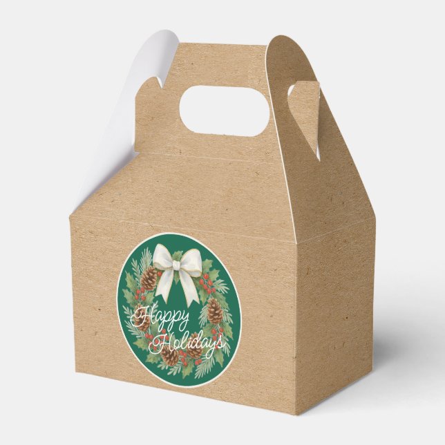 Classy December Wreath With White Bow Holiday Favour Box (Front Side)