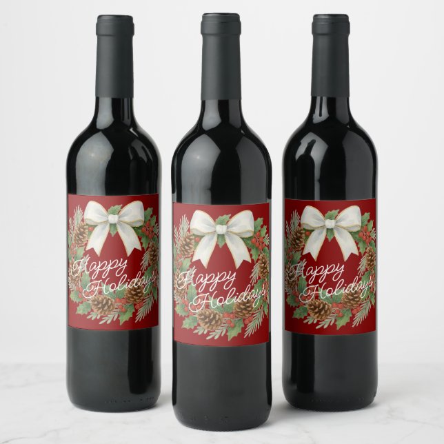 Classy December Wreath With White Bow Holiday Wine Label (Bottles)