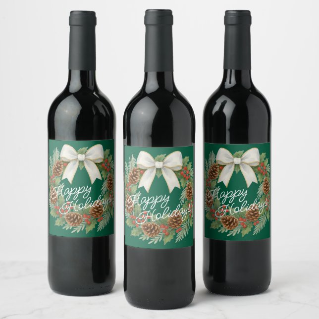 Classy December Wreath With White Bow Holiday Wine Label (Bottles)