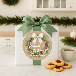 Classy December Wreath With White Bow Watercolor Classic Round Sticker