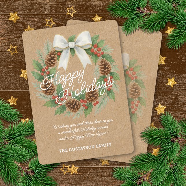 Classy December Wreath With White Bow Watercolor Holiday Card (Creator Uploaded)