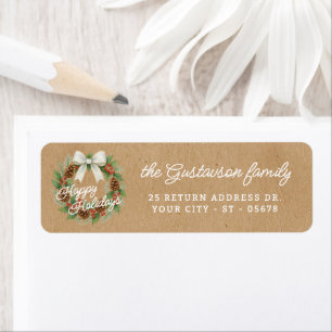 Classy December Wreath With White Bow Watercolor Return Address Label