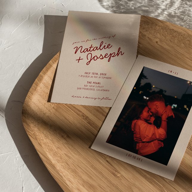 Classy Deep Red Blue Whimsical Photo Wedding Invitation (Creator Uploaded)