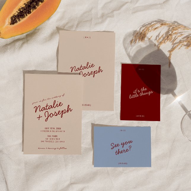 Classy Deep Red Blue Whimsical Unique Wedding Invitation (Creator Uploaded)