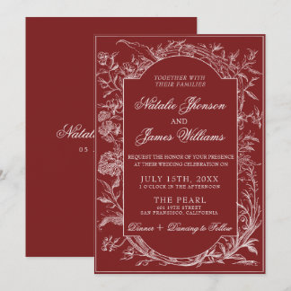 Classy Deep Red Floral Boho Botanical Wedding Invitation