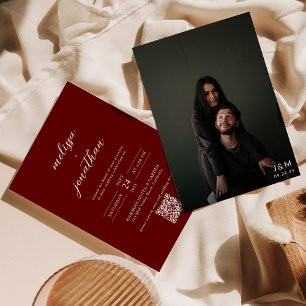 Classy Deep Red Photo Monogram QR Code Wedding Invitation
