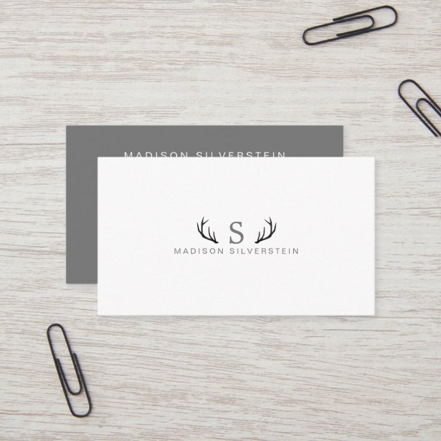Classy Deer Antlers Grey Monogram Professional Business Card (Front/Back In Situ)