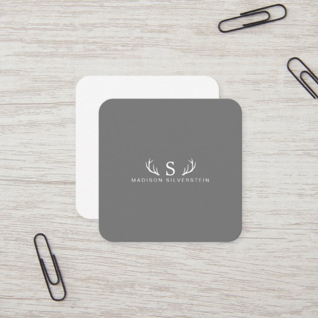 Classy Deer Antlers Monogram Grey Square Business Card (Front/Back In Situ)