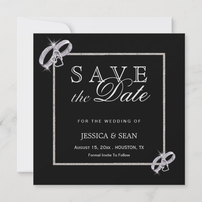 Classy Diamond Silver Wedding Rings Wedding Save The Date (Front)