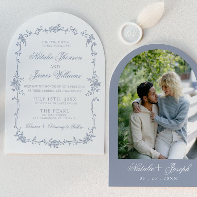 Classy Dusty Blue Floral Boho Chic Arched Wedding Invitation (Creator Uploaded)