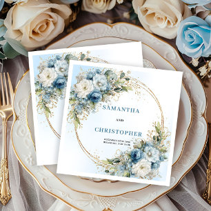 Classy Dusty Blue Peony Wedding Napkins Gold