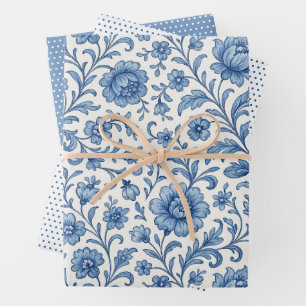Classy Dutch Delfts Blue Floral Art Pattern Wrapping Paper Sheet