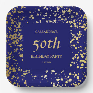 Classy Egypt Gold Sprinkles Navy Blue Birthday Paper Plate
