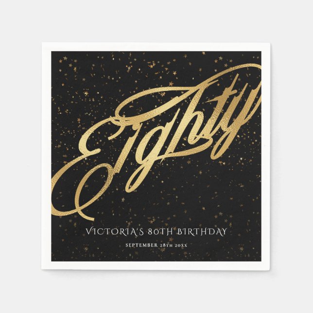 Classy Eighty 80th Gold Black Confetti Calligraphy Napkin (Front)
