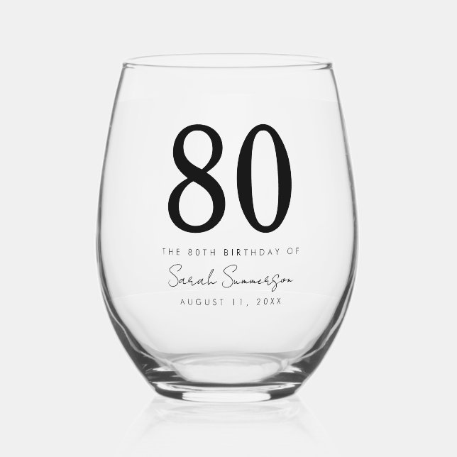 Classy Eighty Name Date 80th Birthday Party Stemless Wine Glass (Front)