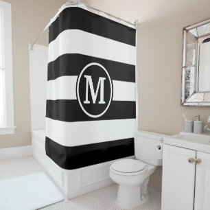 Classy Elegant Black and White Striped Monogram Shower Curtain