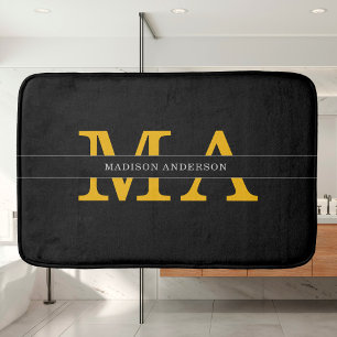Classy Elegant Black Gold Monogram Name Text Bath Mat