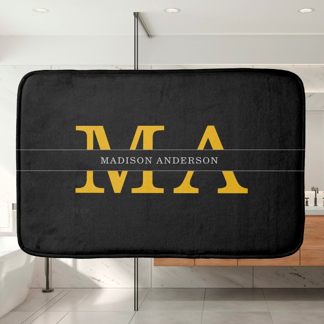 Classy Elegant Black Gold Monogram Name Text Bath Mat (Creator Uploaded)