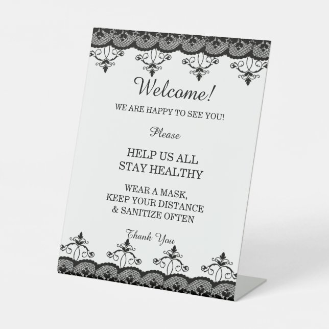 Classy Elegant Black Lace Wedding Safety  Pedestal Sign (Front)