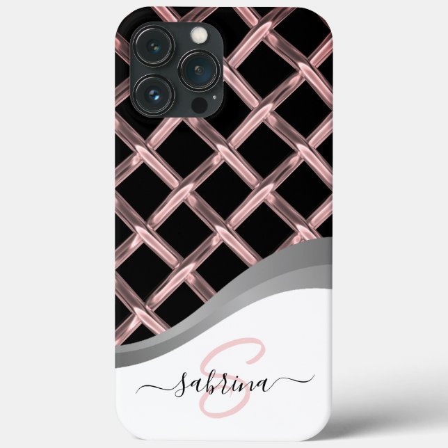 Classy Elegant Black & Silver Metal Monogram Name Case-Mate iPhone Case (Back)