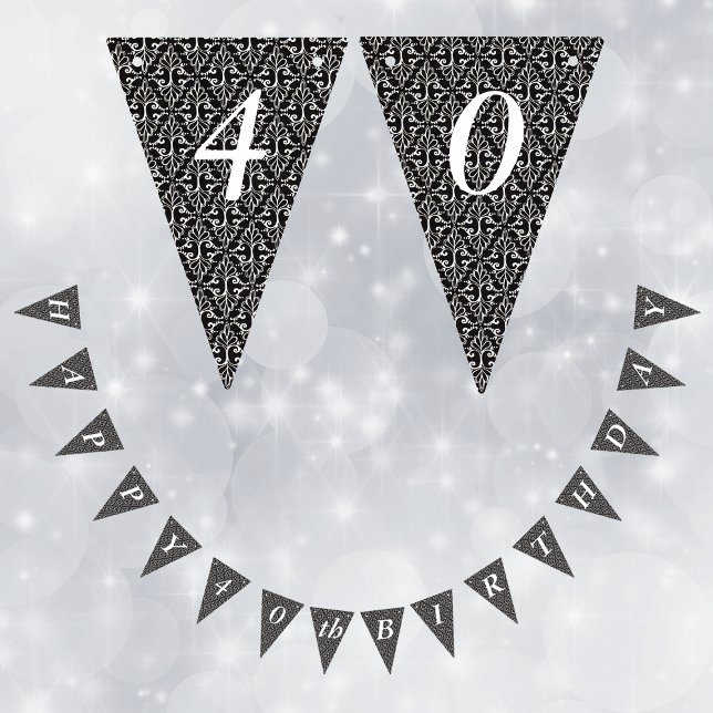 Classy Elegant Black White Birthday Damask Bunting (Elegant damask pattern with scrolls black and white on Happy Birthday bunting flag party banner.)