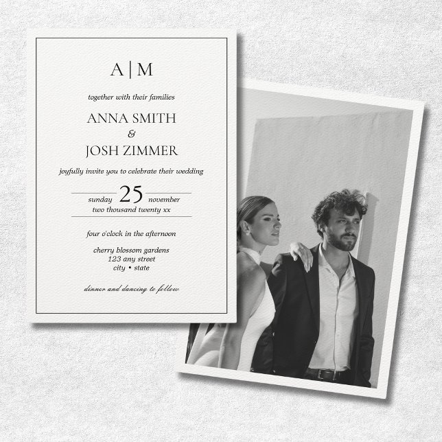Classy Elegant Black & White Minimalist Photo Invitation (Classy Black & White Photo Wedding Invitation)