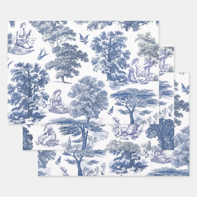 Classy Elegant Blue Country Toile Wrapping Paper Sheet (Set)