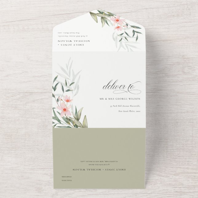 Classy Elegant Blush Greenery Floral Wedding All In One Invitation (Outside)