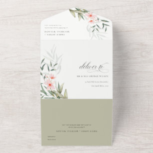 Classy Elegant Blush Greenery Floral Wedding All In One Invitation
