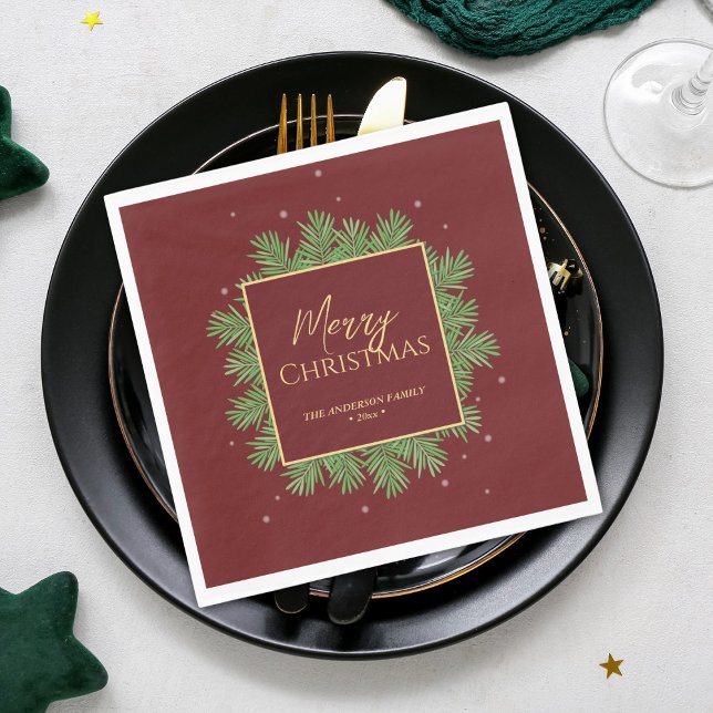 Classy Elegant Burgundy & Gold Christmas Botanical Napkin (Creator Uploaded)