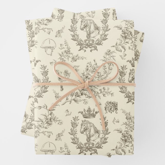 Classy Elegant Chic Beige Cream Equestrian Toile Wrapping Paper Sheet (In situ)