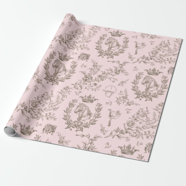 Classy Elegant Chic Pink Beige Equestrian Toile Wrapping Paper (Unrolled)