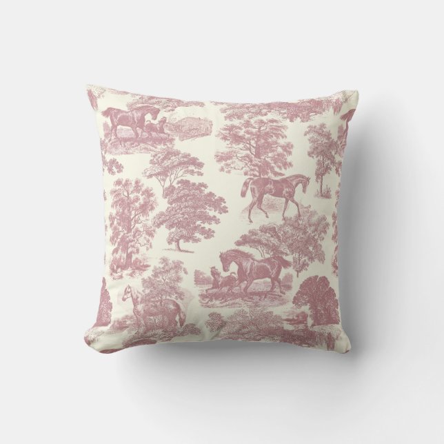 Classy Elegant Chic Pink Horses Country Toile Cushion (Front)