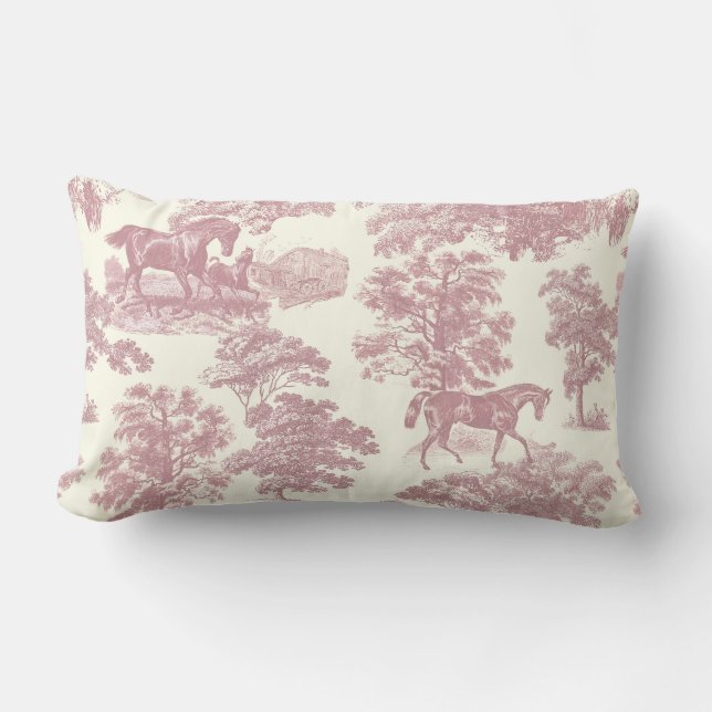 Classy Elegant Chic Pink Horses Country Toile Lumbar Cushion (Front)