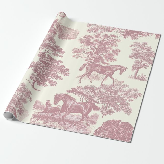 Classy Elegant Chic Pink Horses Country Toile Wrapping Paper (Unrolled)