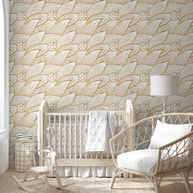  Classy Elegant Cute White and Gold Daisy Pattern Wallpaper (Kids)