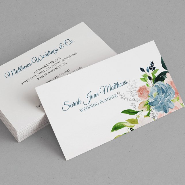 Classy elegant dusty blue peony wedding planner business card (Creator Uploaded)