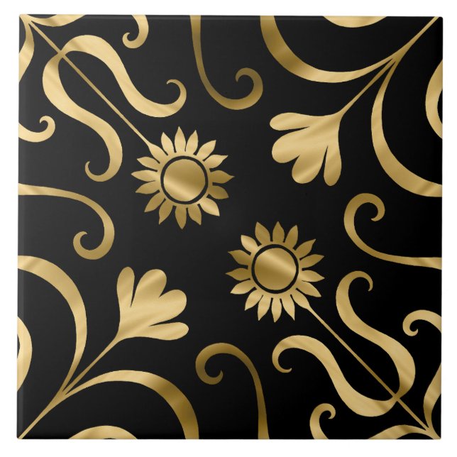  Classy Elegant Floral Damask Black Gold Sunflower Ceramic Tile (Front)