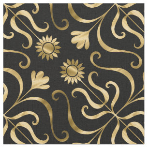 Classy Elegant Floral Damask Black Gold Sunflower Fabric
