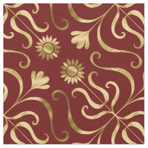 Classy Elegant Floral Damask Red & Gold Sunflower Fabric