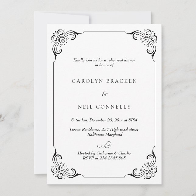 Classy Elegant Flourish Modern Rehearsal Dinner Invitation (Front)