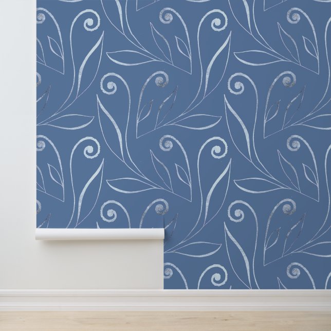 Classy Elegant Foliage & Swirls Pattern Dusty Blue Wallpaper (Application)