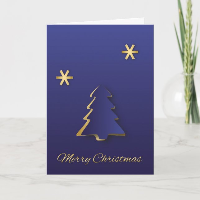 Classy Elegant Gold Blue Christmas Tree Holiday Card (Front)