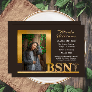 Classy Elegant Gold BSN Caduceus 1 Photo Dk Brown Announcement