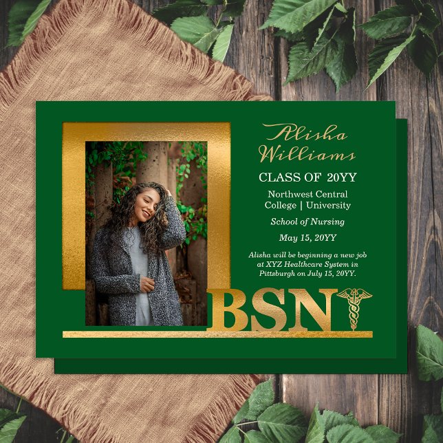 Classy Elegant Gold BSN Caduceus Photo Dk Green Announcement (Elegant Classy Gold Tone BSN Caduceus Photo Dark Green Graduation Announcement - Print | Digital )