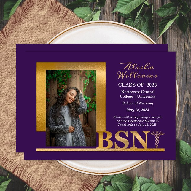 Classy Elegant Gold BSN Caduceus Photo Dk Purple Announcement (Creator Uploaded)