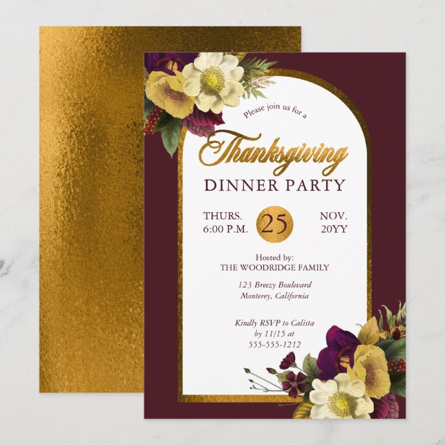 Classy Elegant Gold | Burgundy Floral Thanksgiving Invitation (Front/Back)