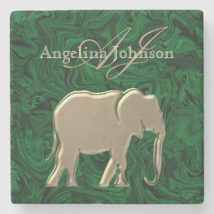 Classy Elegant Gold Elephant Green Marble Monogram Stone Coaster